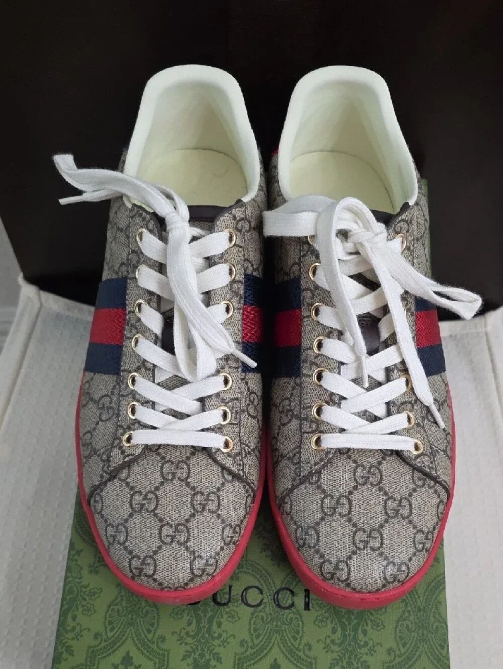 Gucci Beige Monogram Sneakers with Red and Navy Stripe